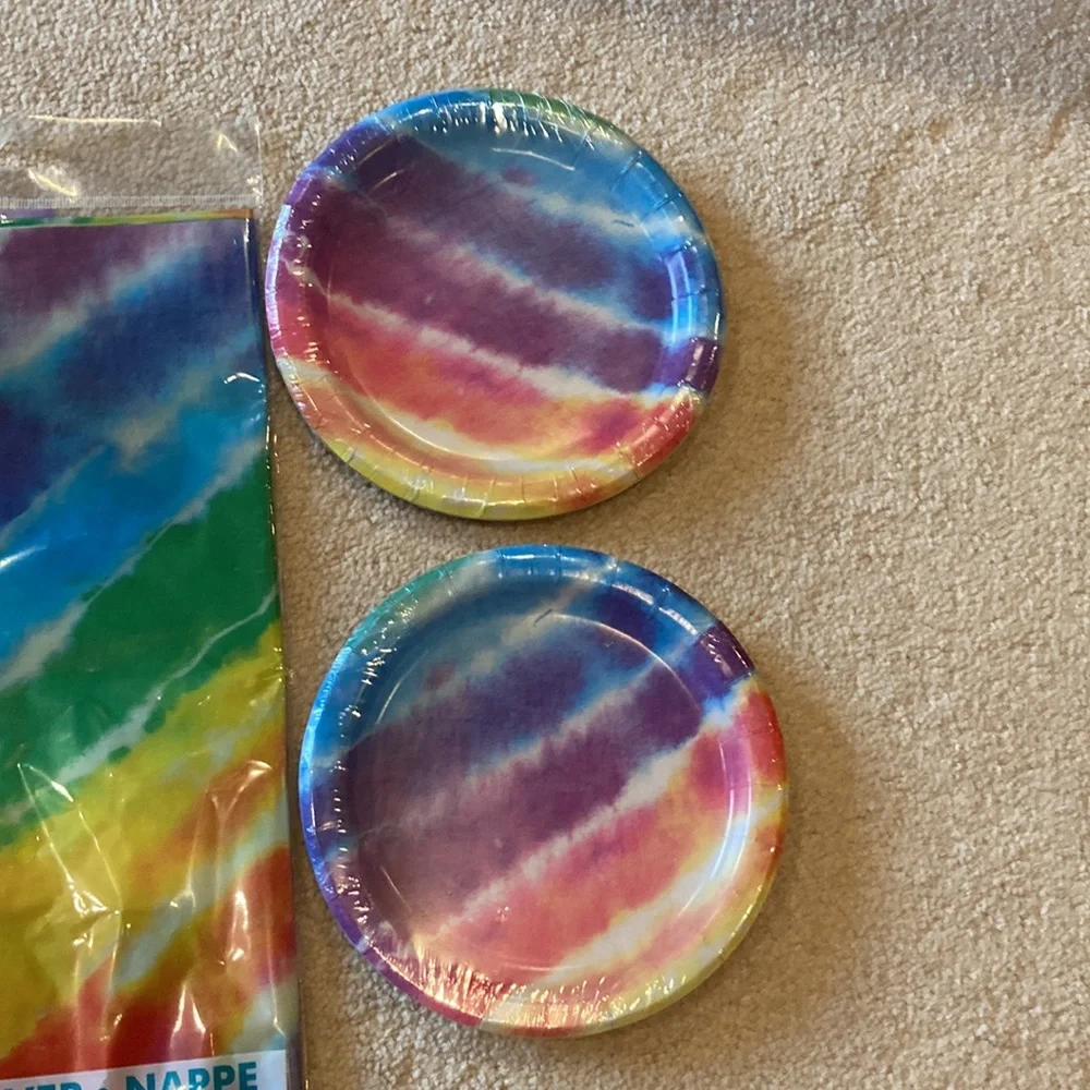 Unique disposable rainbow paper plates, tablecloth, cups, & napkins, multicolor